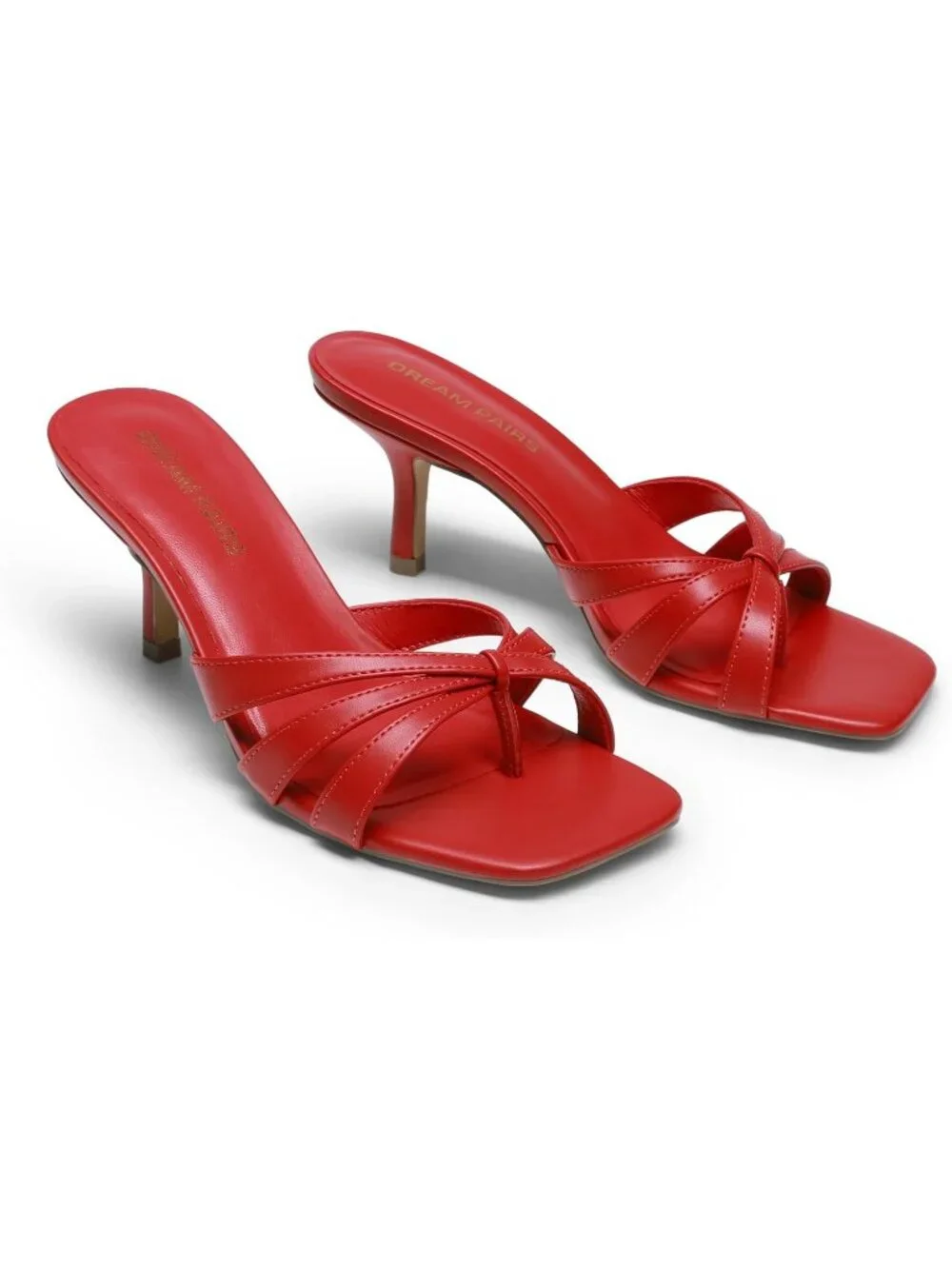 Women's Red Faux Leather Square Open Toe Thong Mules Strappy Casual Kitten Heels